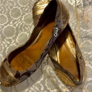 Coach Brown Signature and Metallic Gold Ballet Flats